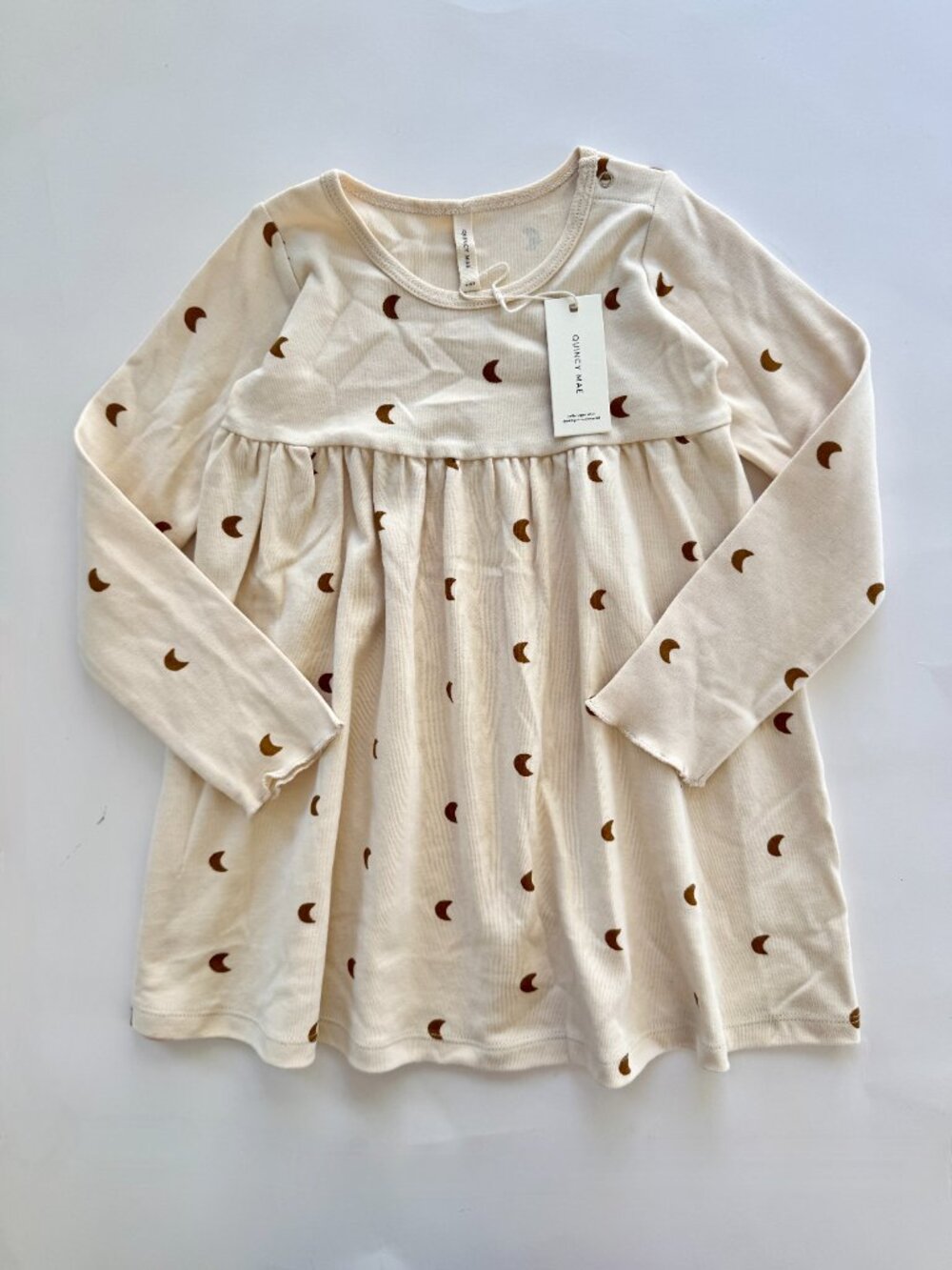 NWT Quincy Mae Girls Moon Print Dress Sz 4-5Y Organic Cotton Cream